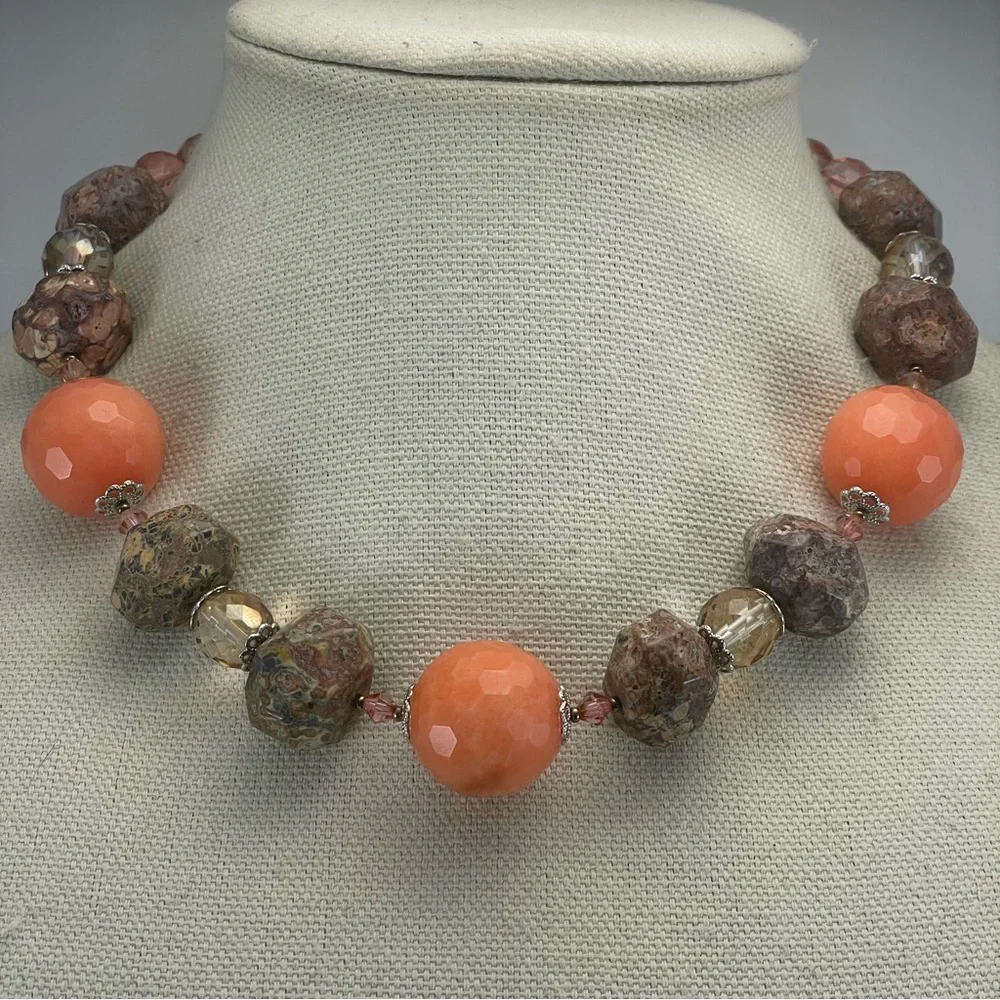 Chunky Stone and Glass Beaded Statement Necklace Unique Made in USA
